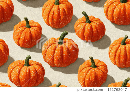 Harvesting. Seamless pattern. Orange small pumpkins in several rows. Minimalist style. Drawing style. 131762047