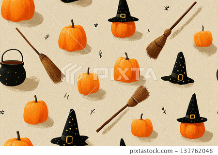 Seamless pattern. Orange Halloween small pumpkins witch hats, buckets and brooms. Minimalist style. Drawing style. Seamless pattern. Orange Halloween small pumpkins witch hats, buckets and brooms. Minimalist style. Drawing style. 131762048