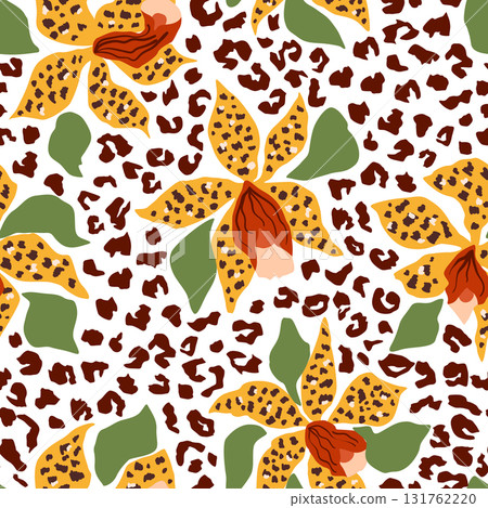 Tropical hybrid leopard skin and floral seamless pattern. Vector yellow flowers, animal skin print, background 131762220