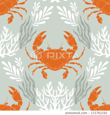 Orange Crab or crayfish Seamless Pattern with Seaweed on Green Background. Vintage coastal print with retro seafood illustrations. Perfect for marine designs, summer and seaside packaging 131762282