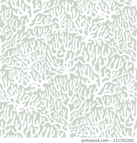 White Coral reef Seamless Sea Pattern on Green Background. Vintage coastal Minimalistic Print with Coral branches. Underwater sea life, coral and algae pastel Green. 131762285