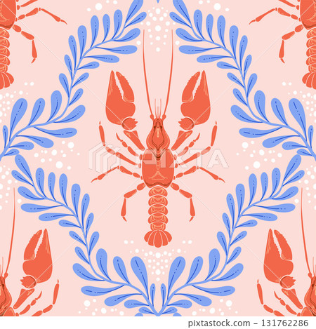 Cute Lobster Seamless Pattern with blue Seaweed on Pink Background. Vintage Whimsical coastal print with retro seafood illustrations and ocean life. Perfect for marine baby prints, nursery decor Cute Lobster Seamless Pattern with blue Seaweed on Pink Background. Vintage Whimsical coastal print with retro seafood illustrations and ocean life. Perfect for marine baby prints, nursery decor 131762286