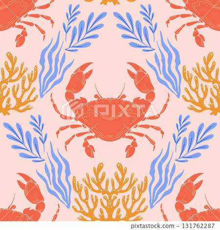 Cute Crab Seamless Pattern with blue Seaweed and coral on Pink Background. Vintage Whimsical coastal print with retro seafood illustration and ocean life. Perfect for marine baby prints, nursery decor 131762287