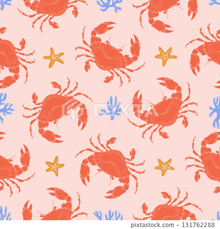 Cute Crab Seamless Pattern with starfish and coral  on Pink Background. Vintage Whimsical coastal print with retro seafood illustration and ocean life. Perfect for marine baby prints, nursery decor 131762288