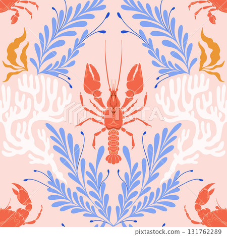 Cute Lobster Seamless Pattern with blue Seaweed on Pink Background. Vintage Whimsical coastal print with retro seafood illustrations and ocean life. Perfect for marine baby prints, nursery decor 131762289