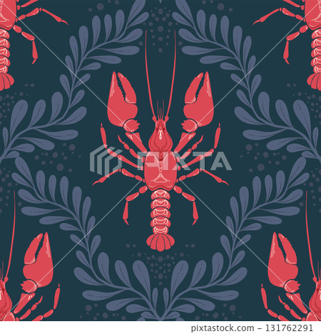 Lobster Seamless Pattern with Seaweed on Dark Background. Vintage coastal print with retro seafood illustrations and ocean life. Perfect for marine designs, summer packaging, seaside decor 131762291