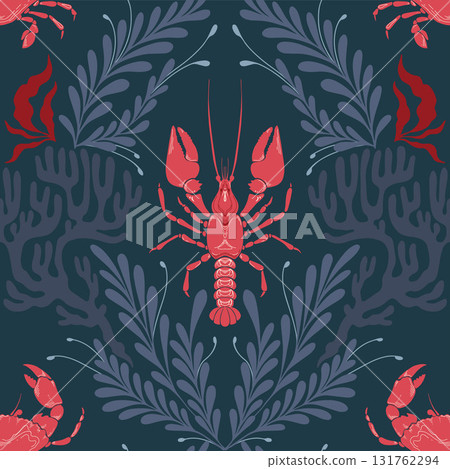 Lobster Seamless Pattern with Seaweed on Dark Background. Vintage coastal print with retro seafood illustrations and ocean life. Perfect for marine designs, summer packaging, seaside decor Lobster Seamless Pattern with Seaweed on Dark Background. Vintage coastal print with retro seafood illustrations and ocean life. Perfect for marine designs, summer packaging, seaside decor 131762294