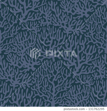 Coral reef Seamless Sea Pattern on Dark Background. Vintage coastal Minimalistic Print with Coral branches. Underwater sea life, coral and algae. 131762295