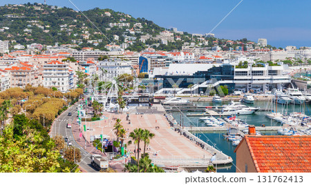 Cannes, France. Aerial scene featuring a busy marina with luxury yachts 131762413