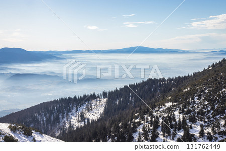 Misty Mountain View: Winter Wonderland. View from The Mala Fatra national park in Slovakia, Europe. 131762449