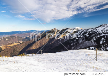 Panoramic view of snow-capped mountains. The Mala Fatra national park in northwest of Slovakia, Europe. 131762450
