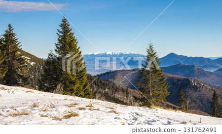 Panoramic mountain view in winter. View from The Mala Fatra national park in Slovakia, Europe. 131762491