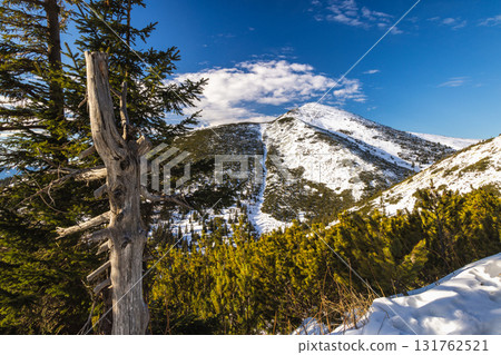 Snow-capped mountain peak, winter landscape. The Velky Krivan peak in The Mala Fatra national park, Slovakia, Europe. 131762521