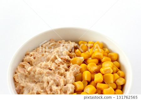 Tuna mayonnaise corn on white background 131762565