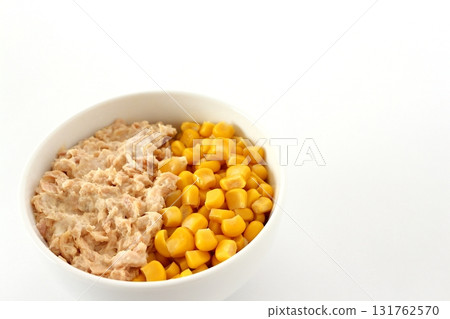 Tuna mayonnaise corn on white background 131762570