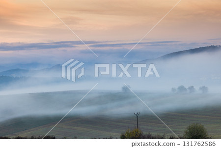Misty Sunrise over Rolling Hills: A serene landscape shrouded in fog, with soft, pastel sky colors. 131762586
