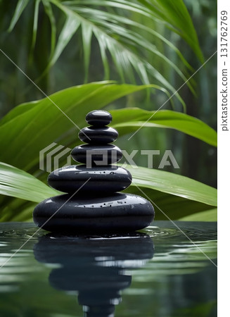 Zen black stones with water drops, spa balance concept, tropical leaves background 131762769