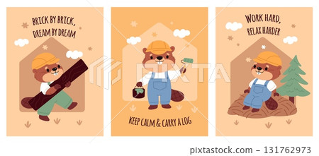 Funny beavers cards. Cute little dam builders in overalls, happy wild animals with clothes, hardworking brown rodents, prints or posters, cartoon flat style isolated garish vector set Funny beavers cards. Cute little dam builders in overalls, happy wild animals with clothes, hardworking brown rodents, prints or posters, cartoon flat style isolated garish vector set 131762973