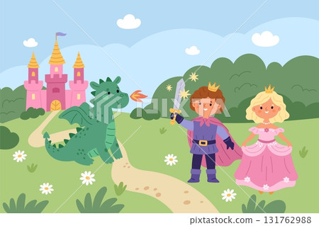 Princess with castle. Prince saves pretty girl from cute dragon, fairy tale medieval characters, magic kingdom landscape, fantasy children, cartoon flat isolated garish vector concept 131762988