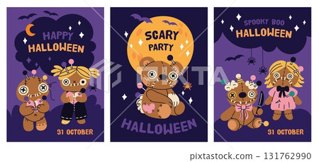 Voodoo dolls cards. Halloween creepy toys, spooky party invitations, trick or treats, stitched patchwork weird characters vertical posters, rag monsters, garish vector cartoon isolated set 131762990