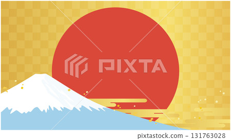 新年、春天和首次銷售橫幅背景。向量插圖，包括富士山、初升的日出以及金色背景上的紅色圓圈。 131763028