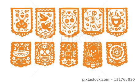 Orange papel picado banners with traditional Day of the Dead symbols Orange papel picado banners with traditional Day of the Dead symbols 131763050