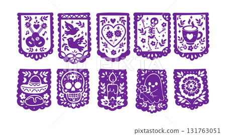 Purple papel picado banners with Day of the Dead designs 131763051