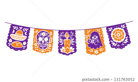 Papel picado garland with skull, candle, and traditional elements 131763052