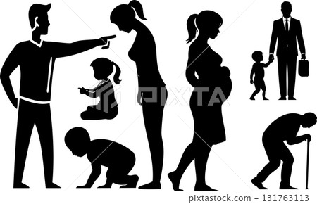 Silhouettes depicting human life stages from infancy to adulthood and old age progression 131763113