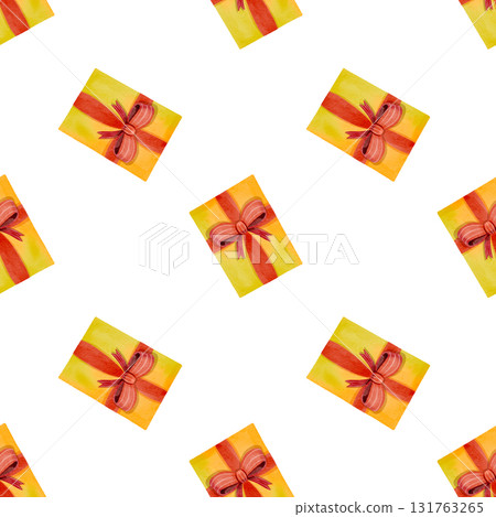 Seamless pattern. Festive yellow boxes with red ribbon. Hand-drawn watercolor illustration. Perfect for holiday decor, cards, and fabric. Seamless pattern. Festive yellow boxes with red ribbon. Hand-drawn watercolor illustration. Perfect for holiday decor, cards, and fabric. 131763265