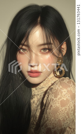 Stunning portrait of a Korean woman with elegant features and striking makeup under soft lighting 131763441