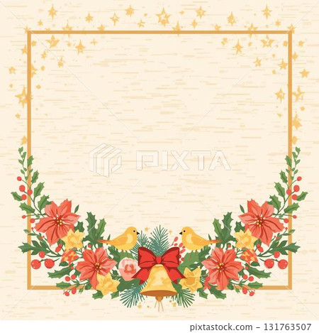 A natural wreath-style message card featuring red ribbon bells and little birds. 131763507