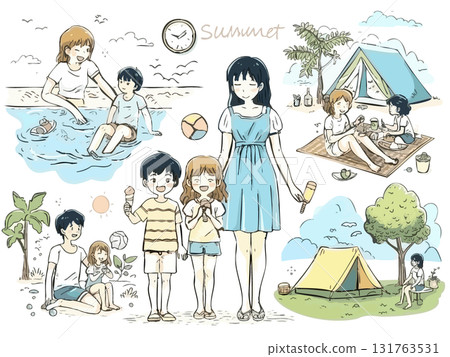 Cartoon-style family playing at the beach in summer 131763531