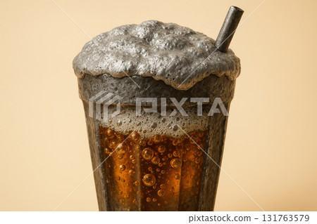 Refreshing glass of dark soda with metal straw, topped with foamy bubbles against a neutral background, AI Generative 131763579