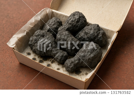 Charred chicken drumsticks arranged in an open cardboard food box on a rustic surface, resembling burnt fast food meal, AI Generative 131763582