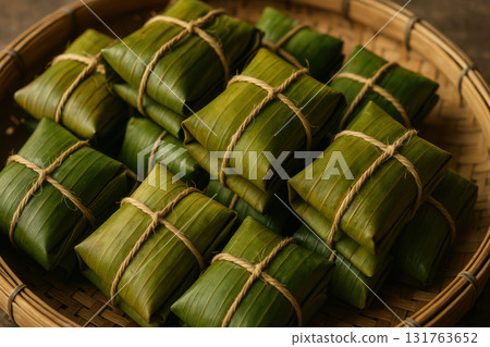 Traditional banana leaf wrapped rice cakes arranged in a woven bamboo basket for an authentic cultural culinary presentation, AI Generative 131763652