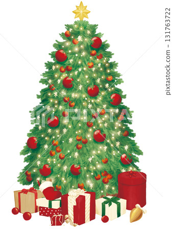 Illustration of a Christmas present and a sparkling Christmas tree Illustration of a Christmas present and a sparkling Christmas tree 131763722