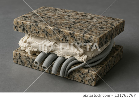 Creative fast food concept with non edible ingredients, features granite slabs, putty, and cables arranged as an unusual sandwich, AI Generative 131763767