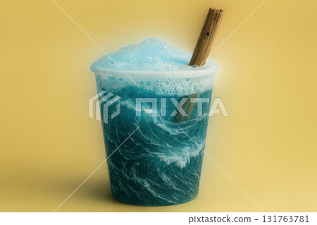 Creative fast food concept with a surreal ocean wave beverage and wooden stick against a minimal yellow background, AI Generative 131763781