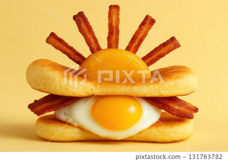 creative breakfast concept with sunny side up egg, crispy bacon, and pancake, arranged in a radiant sunrise on warm background, AI Generative 131763782