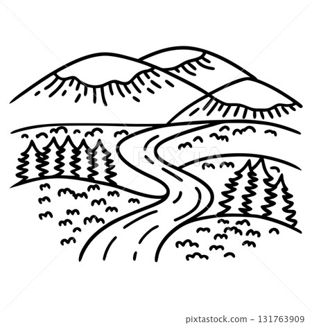 Winding river landscape with rolling mountains, evergreen trees and open fields in peaceful nature scene, AI Generative 131763909