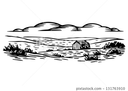 Farmhouse cabin in rural countryside landscape, field hills, and clouds rustic nature meadow scenery illustration, AI Generative 131763910