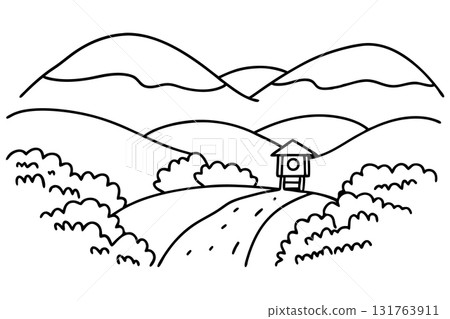 Hilly landscape with mountains, small house, winding road, and bushes nature countryside rural scenery line drawing, AI Generative 131763911