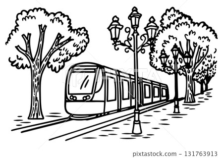 Modern city tram moving along tree lined avenue with decorative streetlights in black and white sketch illustration, AI Generative 131763913