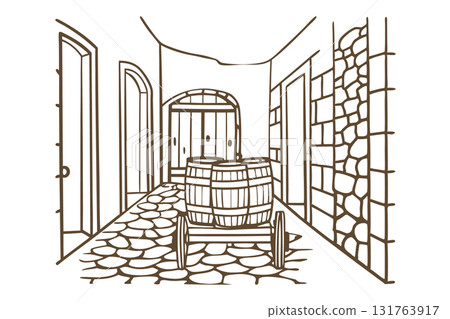 Old wine barrel cart in rustic stone corridor arched doorway, cobblestone floor, vintage cellar, traditional heritage, AI Generative 131763917