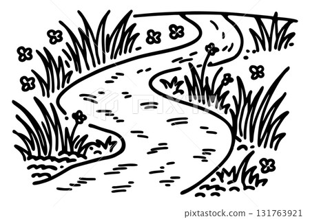 Winding river with grass and wildflowers curved natural stream, blooming flora on both banks, black and white illustration, AI Generative Winding river with grass and wildflowers curved natural stream, blooming flora on both banks, black and white illustration, AI Generative 131763921