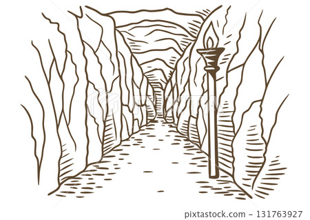 Narrow canyon pathway with ancient torch hand drawn rocky walls, scenic route, adventure journey illustration, AI Generative 131763927