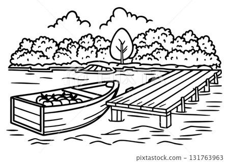Wooden rowboat docked at pier over calm lake tranquil nature scene with trees, clouds, and wooden jetty, AI Generative 131763963