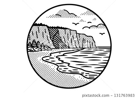 Cliff coastline with sandy beach and ocean waves minimalist seashore scene, line art drawing with birds and clouds, AI Generative 131763983