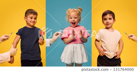 Digital collage. Children smiling during vaccination in colorful studio background Digital collage. Children smiling during vaccination in colorful studio background 131764000